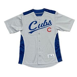Chicago Cubs Mens Baseball Jersey MLB Gray Blue Sewn Logo Front Button Up Sz M